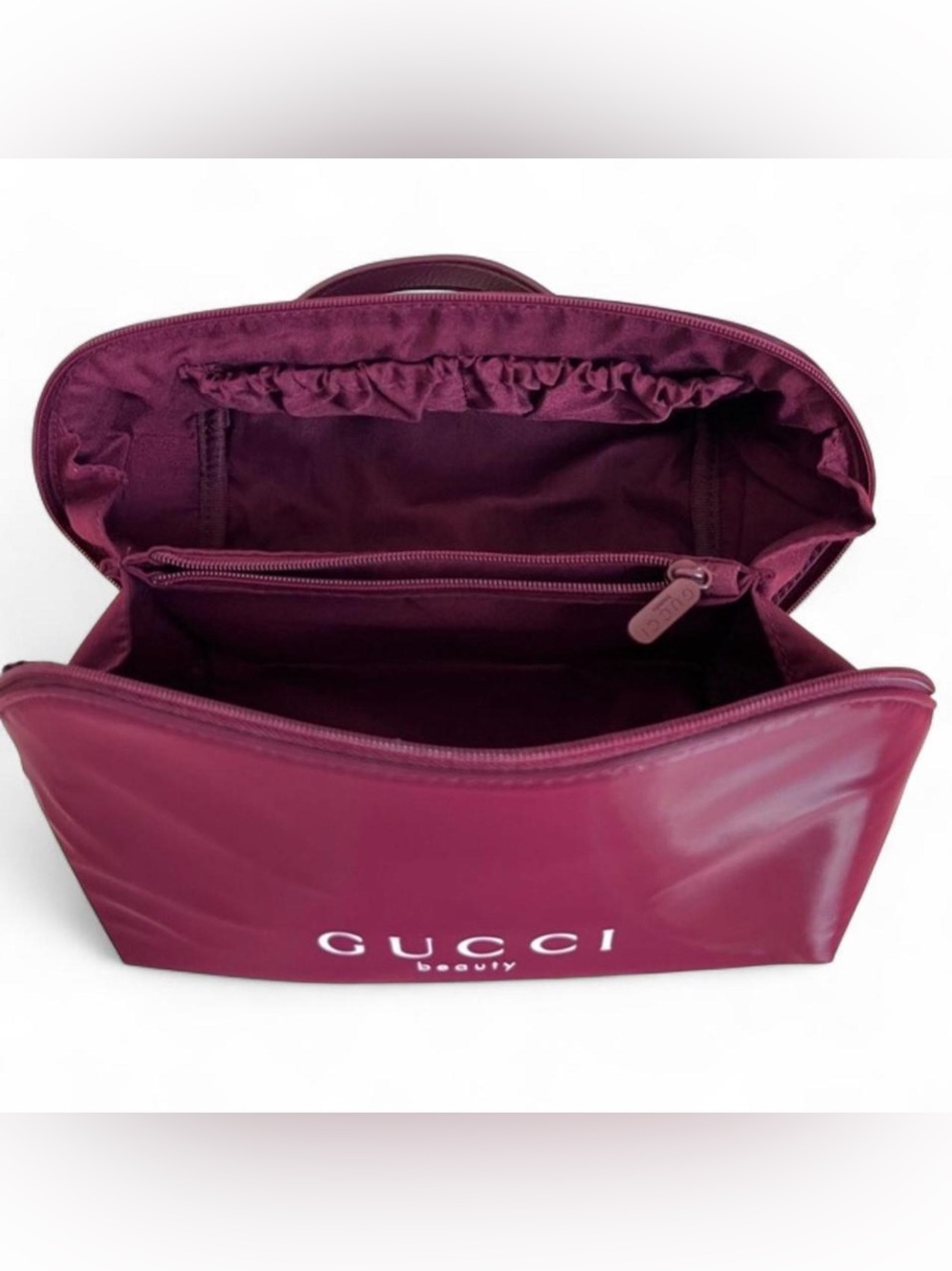Authentic Gucci Beauty Maroon Burgundy Glossy Makeup Cosmetic Bag with handle - Picture 4 of 4